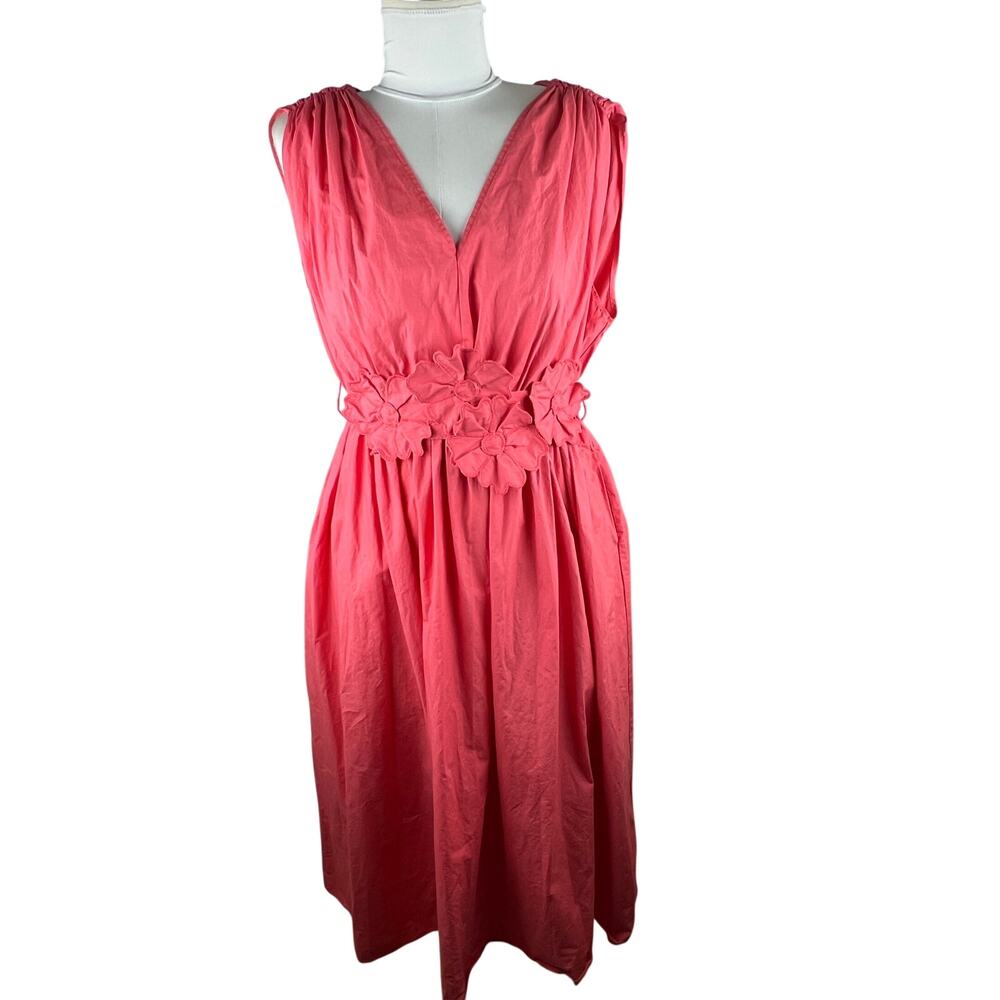 Lucy Paris Coral Pink Cotton Floral Waist Midi Dress Size M Pockets